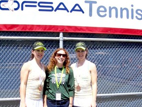 From left, Clara Rastin, St. Patrick's tennis coach Megan Eagleson and Catherine Rastin celebrate the sisters' bronze medal from the OFSAA high school tennis championships. The pair earned a medal for the third straight year and have qualified for the last four OFSAAs. Handout/Sarnia Observer/Postmedia Network