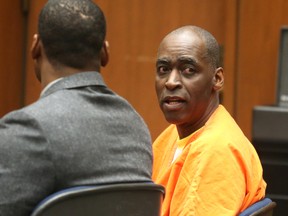 Michael Jace, an actor who played a police officer on the TV show "The Shield," speaks in Los Angeles Superior Court during his sentencing for the murder of his wife Friday, June 10, 2016. Jace was sentenced to 40 years to life in prison for his conviction on second-degree murder charges, after an emotional hearing in which the victim's family members wept as they spoke about the impact of her loss. (AP Photo/Frederick M. Brown, Pool)