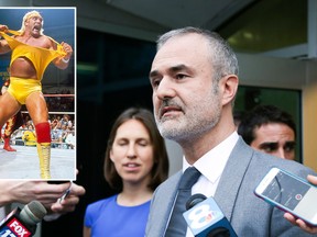 Gawker founder Nick Denton speaks to the media on March 18, 2016, in St. Petersburg, Fla. where the gossip lost a lawsuit to former wrestler Hulk Hogan (inset).  (Eve Edelheit/The Tampa Bay Times via AP/WENN.com Photo)