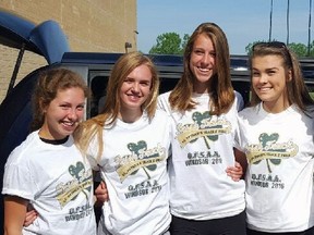 The St. Patrick's midget girl's 4X100 relay team of, from left, Talia Ross, Rebecca Whitehead, Paige Vrolyk and Jordan Braekevelt placed 10th at OFSAA in Windsor, missing out on qualifying for the finals by .06 seconds. The team earned a spot at the provincial championships by finishing fourth at OFSAA west. Handout/Sarnia Observer/Postmedia Network