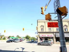 Seaforth's only traffic lights is pictured here. According Tuckersmith Coun. Larry McGrath the lights are not to par and the lines need to be moved back for larger vehicles.(Shaun Gregory/Huron Expositor)