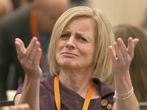 Alberta Premier Rachel Notley gestures during the Alberta NDP convention held at the Hyatt Regency in Calgary on Friday.