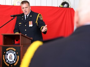 Belleville Fire Chief Mark MacDonald speaks during the official opening of Beleville Fire Station 3 on Saturday June 11, 2016 in Belleville, Ont. Tim Miller/Belleville Intelligencer/Postmedia Network