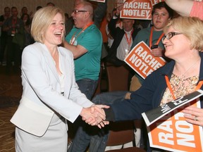 Alberta Premier Rachel Notley greets supporters at the Alberta NDP convention in Calgary, Saturday, June 11, 2016.(THE CANADIAN PRESS/Mike Ridewood)