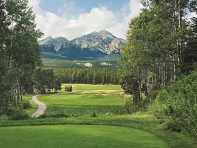 The par-3 ninth hole, known as Cleopatra, at the Fairmont Jasper Park Lodge, features Pyramid Mountain in the distance. (Handout)