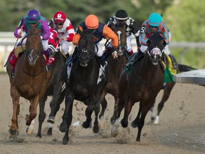 Jockey Luis Contreras (left) guides Ami’s Gizmo to victory in the Plate Trial Stakes at Woodbine on Sunday. Contreras nearly won aboard Gamble’s Ghost, too. (MICHAEL BURNS/PHOTO)