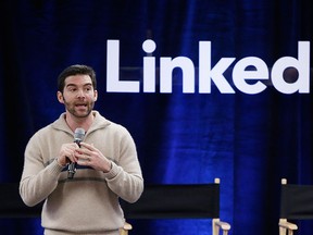 In this Nov. 6, 2014, file photo, LinkedIn CEO Jeff Weiner speaks at LinkedIn headquarters in Mountain View, Calif.  (AP Photo/Marcio Jose Sanchez, File)