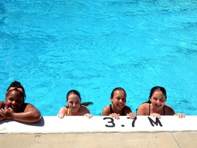 Kumaire Wood (left), Abby Skinner, Kierra Gerich and Hannah Blackburn spent a hot Saturday cooling off in the West Perth Lions Pool this past June 11. The pool officially opened one earlier, June 10, so hopefully the hot weather will arrive and stay, too. GALEN SIMMONS MITCHELL ADVOCATE