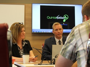 Samantha Reed/The Intelligencer
Mary Doyle (left) and Ryan Williams (right) speak during the launching of QuinteVation Monday morning. The organization works to strengthen the area's economy using marketing and building a business community in the area.