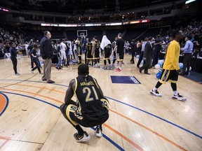 The London Lightning's Stephen Maxwell watches as members of the Halifax Hurricanes celebrate their Game 7 win over the Lighting during the NBL Canada playoff final in Halifax on Monday, June 13, 2016. (THE CANADIAN PRESS/Darren Calabrese)