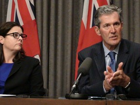 Premier Brian Pallister (right) and Deputy Premier Heather Stefanson call on federal government Tuesday to support Manitoba's aerospace industry.