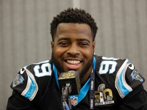 Carolina Panthers defensive tackle Kawann Short (99) answers questions during a press conference Wednesday, Feb. 3, 2016 in San Jose, Calif. Carolina plays the Denver Broncos in the NFL Super Bowl 50 football game Sunday, Feb. 7, 2015, in Santa Clara, Calif. (AP Photo/Marcio Jose Sanchez)