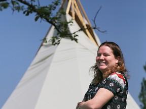 Tim Miller/The Intelligencer
Lindsay Brumwell, marketing assistant at First Nations Technical Institute, stands in front of a large tipi located on the institute's grounds in Tyendinaga Mohawk Territory. The tipi is FNTI's newest learning space.