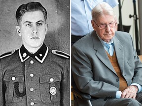 94-year-old former SS guard at the Auschwitz death camp Reinhold Hanning, right, arrives at a courtroom in Detmold, Germany, Saturday June 11, 2016. Left: an undated handout photo. (Handout/Postmedia Network/Bernd Thissen/Pool Photo via AP)