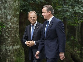 (L-R) European Council President Donald Tusk talks with British Prime Minister David Cameron in Japan on May 26, 2016. (Chung Sung-Jun/Getty Images)