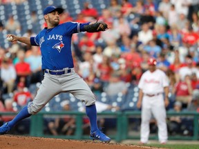 Toronto Blue Jays' Marco Estrada pitches during the first inning of a baseball game against the Philadelphia Phillies in Philadelphia on June 15, 2016. (AP Photo/Matt Slocum)