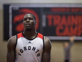 Toronto Raptors' Anthony Bennett watches his shot during NBA basketball training camp in Burnaby, B.C., on Sept. 29, 2015. (THE CANADIAN PRESS/Darryl Dyck)