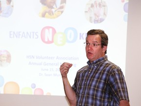 Dr. Sean Murray, medical director of NEO Kids at HSN, was one of the keynote speakers at the Health Sciences North Volunteer Association annual general meeting in Sudbury, Ont. on Wednesday June 15, 2016. Gino Donato/Sudbury Star/Postmedia Network