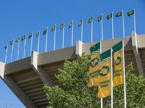 Flags outside Commonwealth Stadium, home of the Edmonton Eskimos.