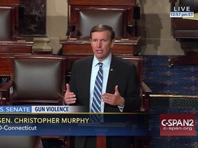 This frame grab provided by C-SPAN shows Sen. Chris Murphy, D-Conn. speaking on the floor of the Senate on Capitol Hill in Washington, Wednesday, June 15, 2016, where he launched a filibuster demanding a vote on gun control measures. The move comes three days after people were killed in a mass shooting in Orlando. (Senate Television via AP)