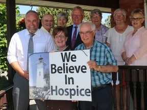BRUCE BELL/The Intelligencer
Hospice Prince Edward received $45,000 in provincial funding Thursday morning in an announcement made by Northumberland - Quinte West MPP Lou Rinaldi. Pictured at the Picton Downes Avenue home are (from left) Prince Edward Hastings MPP Todd Smith, Hospice PE executive director Laura Rickets, Mayor Robert Quaiff and Rinaldi. They are joined by members of the board of directors and volunteers.