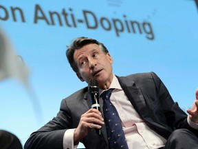 In this Monday, March 14, 2016 file photo, IAAF president Sebastian Coe speaks during the WADA Symposium for Anti-Doping Organizations (ADOs), in Lausanne, Switzerland. (Laurent Gillieron/Keystone via AP, File)