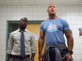 Kevin Hart, left, and Dwayne Johnson in a scene from, "Central Intelligence."