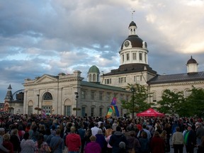 Hundreds of Kingstonians pack Spring Market Square on June 13 in a show of solidarity and support following the mass murder of dozens of people at a nightclub in Florida the night before. (Victoria Gibson/For The Whig-Standard)