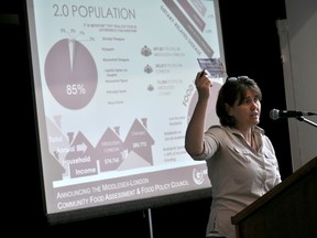 Jane Roy, co-executive director of the London Food Bank, speaks at a news conference at Covent Garden Market in London Ont. June 16. CHRIS MONTANINI\LONDONER\POSTMEDIA NETWORK