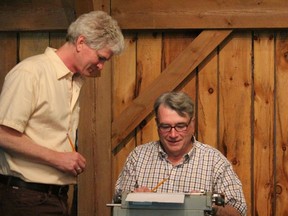 Brian Finley, left, goes over some final revisions with baritone John Fanning, the lead in the opera The Pencil Salesman, which was written by Finley and debuts at the Westben Festival in Campbellford, Ont., on Saturday, June 25. The new opera was commissioned by Kingston's Agnes Herzberg. (Ken Alton/Supplied photo)