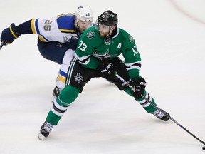 St. Louis Blues centre Paul Stastny skates in to challenge Dallas Stars defenceman Alex Goligoski during the third period of Game 5 of the NHL playoffs' Western Conference semifinals in Dallas on May 7, 2016. (AP Photo/LM Otero)