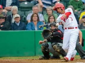 Maikol Gonzalez SS (3) bats for the Winnipeg Goldeyes vs. Texas Air Hogs at Shaw Park June 16, 2016.