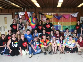 Pictured here are the students and staff from Central Huron Secondary School. The Gender Sexuality Alliance Committee put a slide show up of the people murdered in the Orlando Shootings June 17. (Photo taken by Justine Alkema/Postmedia Network)