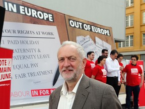 Jeremy Corbyn MP, Leader of the Labour Party speaks during the unveiling of a new poster from the Labour In for Britain campaign to remain in the EU in London, Tuesday, June 7, 2016. Britain's Eu-Referendum will be held on June 23,2016. (AP Photo/Frank Augstein)