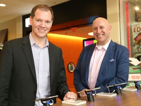 Matthew MacLellan, left, president of Eastlink wireless, and Lee Bragg, CEO of Eastlink, were in Sudbury, Ont. to launch Eastlink's wireless service on Friday June 17, 2016. John Lappa/Sudbury Star/Postmedia Network