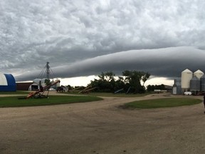 A massive thunderstorm rolled through southern Manitoba on Friday. This photo was taken in Domain, Man., just south of La Salle. (TIM STREIDER/TWITTER PHOTO)