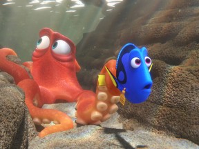 This image released by Disney shows the characters Hank, voiced by Ed O'Neill, left, and Dory, voiced by Ellen DeGeneres, in a scene from "Finding Dory." (Pixar/Disney)