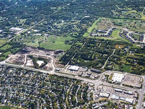An aerial shot of Sherwood Park, the urban centre of Strathcona County.