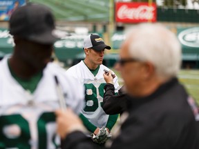 Slotback Chris Getzlaf is interviewed during an Edmonton Eskimos walkthrough at Commonwealth Stadium in Edmonton, Alta., on Friday June 17, 2016. The CFL team plays a pre-season home game on Saturday versus the Saskatchewan Roughriders. IAN KUCERAK / Postmedia Network