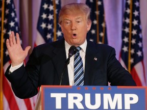 In this March 11, 2016 file photo, Republican presidential candidate Donald Trump speaks at the Mar-A-Lago Club in Palm Beach, Fla. The likely Donald Trump-Hillary Clinton race won’t be a contest over who can win the most votes nationwide. U.S. presidential contests are essentially simultaneous, winner-take-all state elections to choose electors. Whoever wins a majority of electoral votes, that’s 270 votes, wins the presidency.  (AP Photo/Lynne Sladky, File)