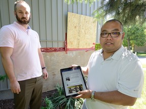 After a car drove into the home of Derek Tang, right, he and his friend Jeremy McCall used input from their Facebook group DadClub of London find the driver who fled the scene. (MORRIS LAMONT /THE LONDON FREE PRESS/POSTMEDIA NETWORK)