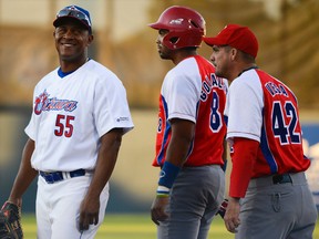 Ottawa Champions player Alexander Malleta (55) and Cuban national team player Raul Gonzalez (8) during their game on June 17. (James Park, Postmedia Network)