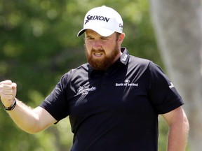 Ireland’s Shane Lowry reacts after making a birdie on the ninth hole during the rain-delayed second round of the U.S. Open at Oakmont Country Club on Saturday, June 18, 2016, in Oakmont, Pa. (AP Photo/Gene J. Puskar)