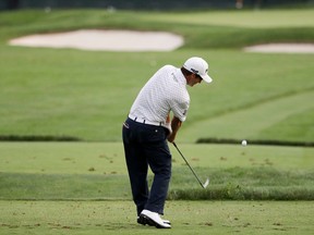 Andrew Landry hits his tee shot on the 13th hole during the third round of the U.S. Open at Oakmont Country Club on Saturday, June 18, 2016, in Oakmont, Pa. (AP Photo/Charlie Riedel)