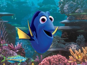 This image released by Disney shows the character Dory, voiced by Ellen DeGeneres, in a scene from "Finding Dory." The Pixar sequel far-surpassed the already Ocean-sized expectations to take in $136.2 million, according to comScore estimates Sunday, June 19, 2016.  (Pixar/Disney via AP)