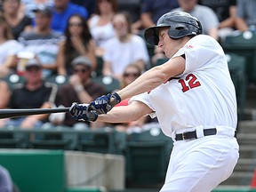 Winnipeg Goldeyes outfielder David Rohm gets a piece of the ball during American Association baseball action against the St. Paul Saints at Shaw Park in Winnipeg on Sun., June 19, 2016. Kevin King/Winnipeg Sun/Postmedia Network