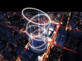 In this undated artist's rendering provided by AESuperlab, a birds-eye view of the proposed Halo thrill ride for the top of New York's Penn Station is shown. A development team has proposed a novel plan to build a 1,200-foot thrill ride on top of Penn Station and pay for renovations by charging $35 a ticket. (AESuperlab via AP)