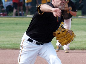 Port Lambton Pirates pitcher Terry Oulds throws from the mound during a game at Port Lambton's VanDamme Park on May 30. The Pirates have a boatload of pitching depth, as they aim to win the Western Counties senior men's baseball league, as well as the Ontario Baseball Association provincial title.