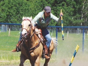 (L.) This rider is taking part in the Flag event that was part of the Golden Spur Gymkhana June 5. Polebending was another event held during the day.