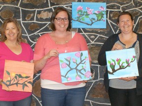 Fine art was produced at the first Wine and Paint Night held at Lucknow's Mayfair Training on June 8, 2016. L-R: Kimberly Hergott, Sylvia deBoer, Banessa deBoer, Holi Colling and Ryanne Florence. (Submitted)